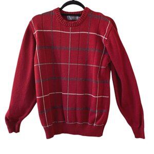 Oscar de la Renta Mens M Red Navy Gray Thin Check Long Sleeve Cotton Sweater